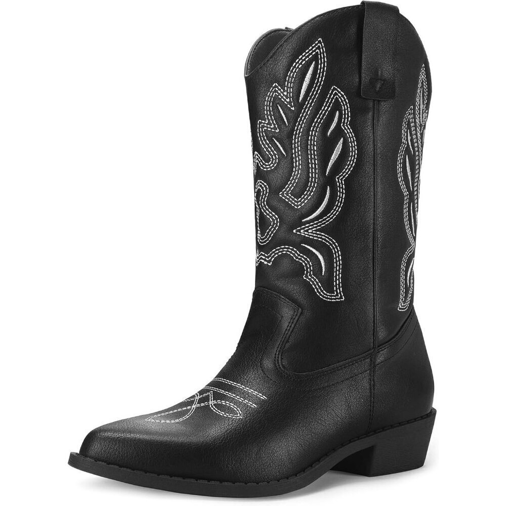 🆕Mysoft Cowboy Heel Boots Women Black White PU Embroidered Mid-Calf Pointed Toe